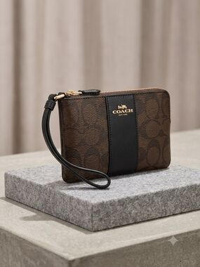Coach Signature Canvas Wristlet in Brown & Black